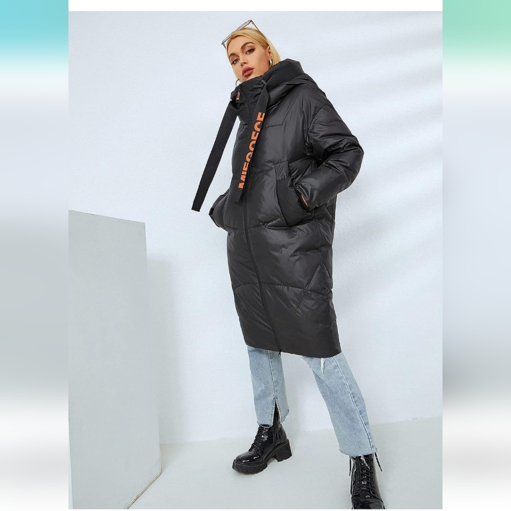 Jackets for Women - Letter Tape Zip Up Hooded Puffer Coat